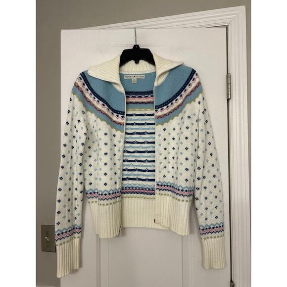 Tommy Hilfiger Wool Cotton Blend Cream Nordic Fair Isle Full Zip Sweater Medium - Picture 4 of 13